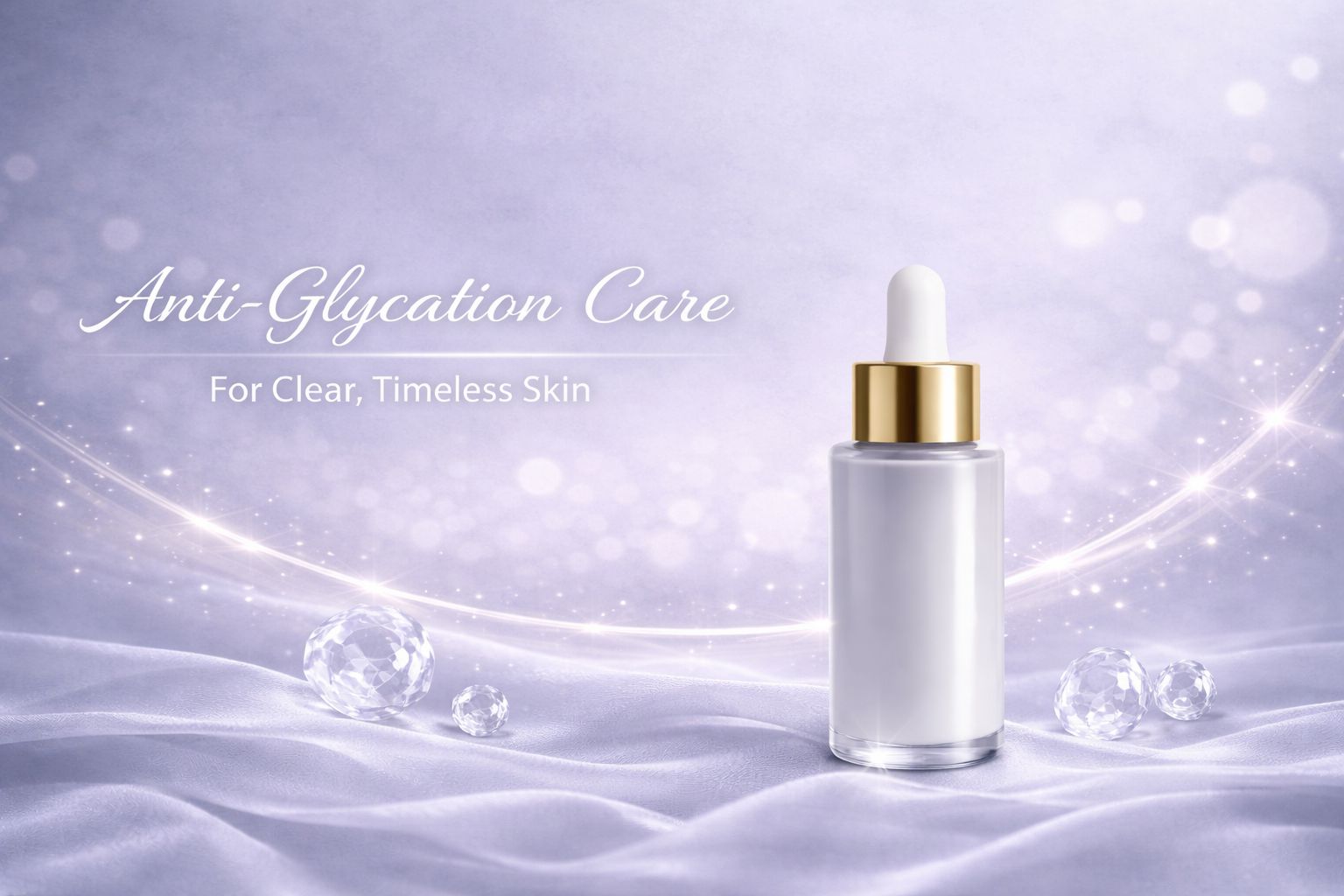 40代の黄ぐすみ対策をイメージした糖化ケア美容液と透明感のある光の演出