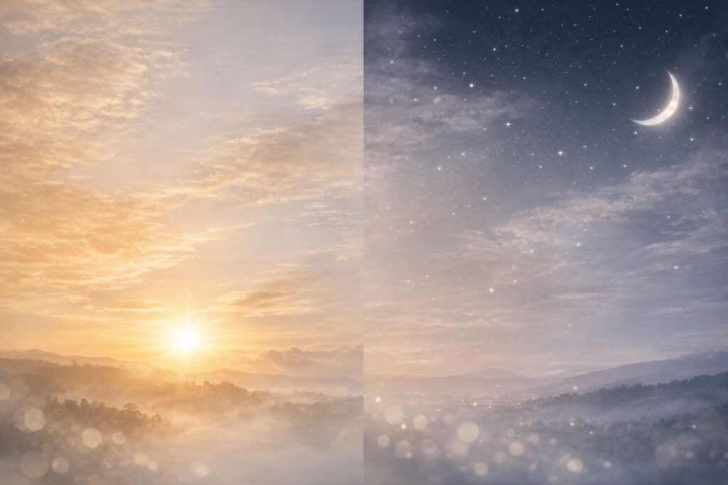 朝夜の使い分けと肌負担を抑えるタイミングを意識した40代敏感肌の光のイメージ