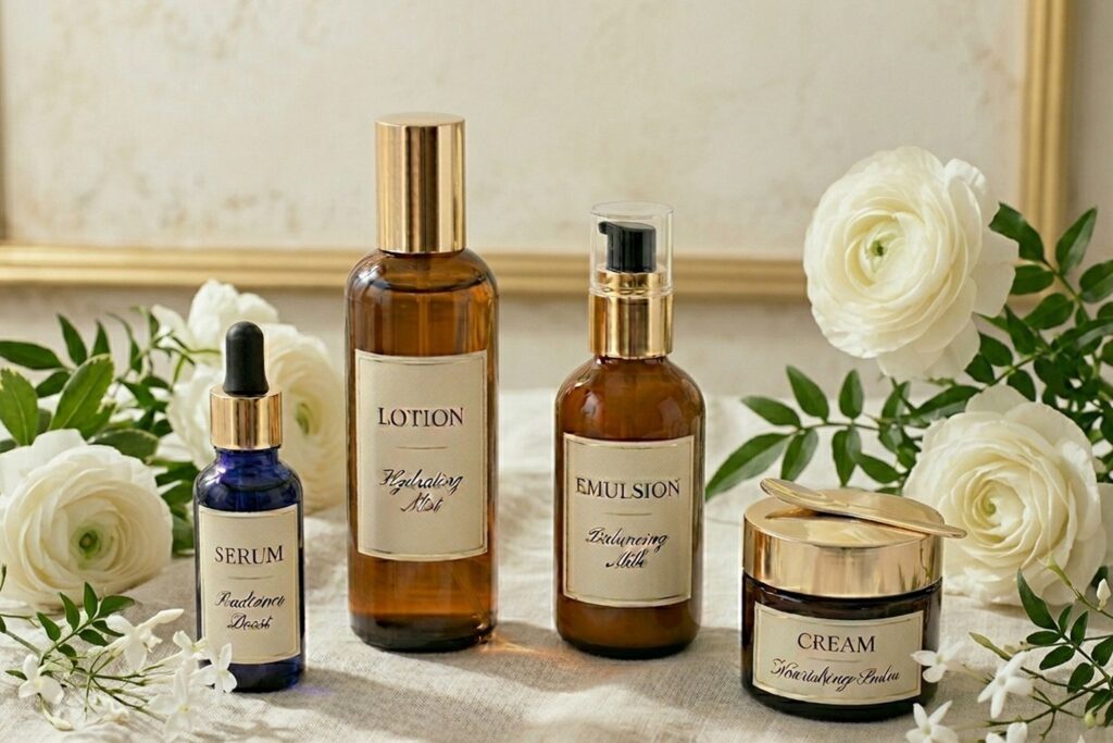 40代敏感肌向けのライン使いをイメージした美容液・化粧水・乳液・クリームが並ぶシンプルで落ち着いたスキンケアイメージ