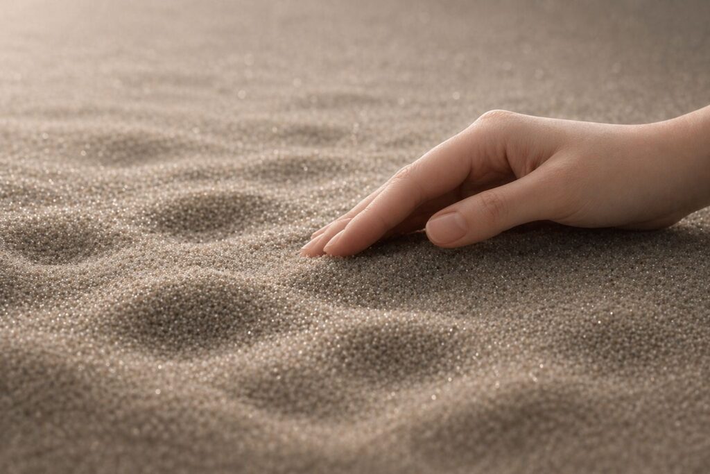 黒ずみ毛穴をイメージした砂にそっと手を添える様子
