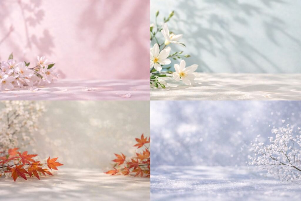 40代敏感肌の季節ケアを表現した四季のイメージ背景。春の桜、夏の白い花、秋のやわらかなベージュフラワー、冬の繊細な白い花が淡く配置された上品なビジュアル