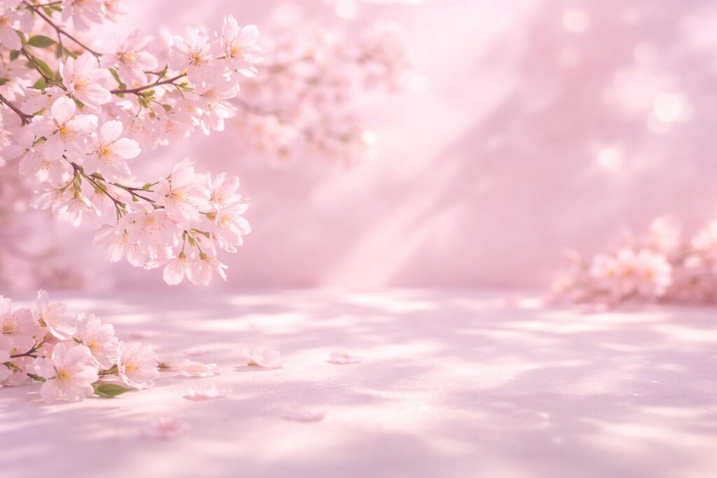 春のゆらぎ肌をイメージした淡いピンクの背景と桜の花。40代敏感肌にやさしいスキンケアを表現したやわらかな美容イメージ
