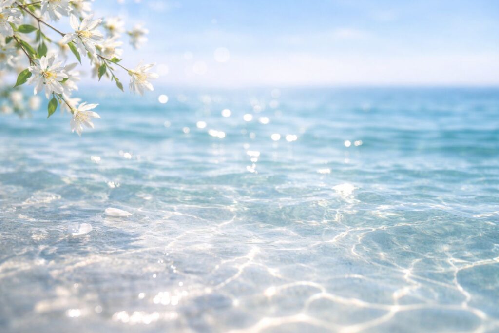 夏の敏感肌ケアをイメージした透明感のあるブルーと水のきらめき。40代の肌に心地よい涼しさと潤いを感じる美容ビジュアル