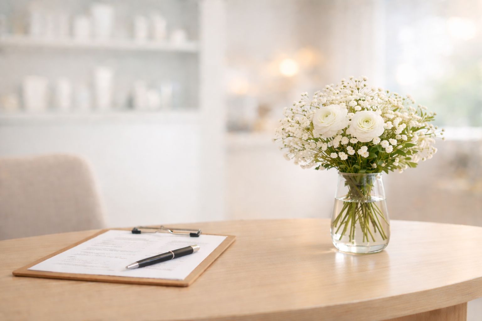 美容外科の美肌ケア体験ログ｜カウンセリングテーブルとラナンキュラスのある落ち着いた施術前の空間