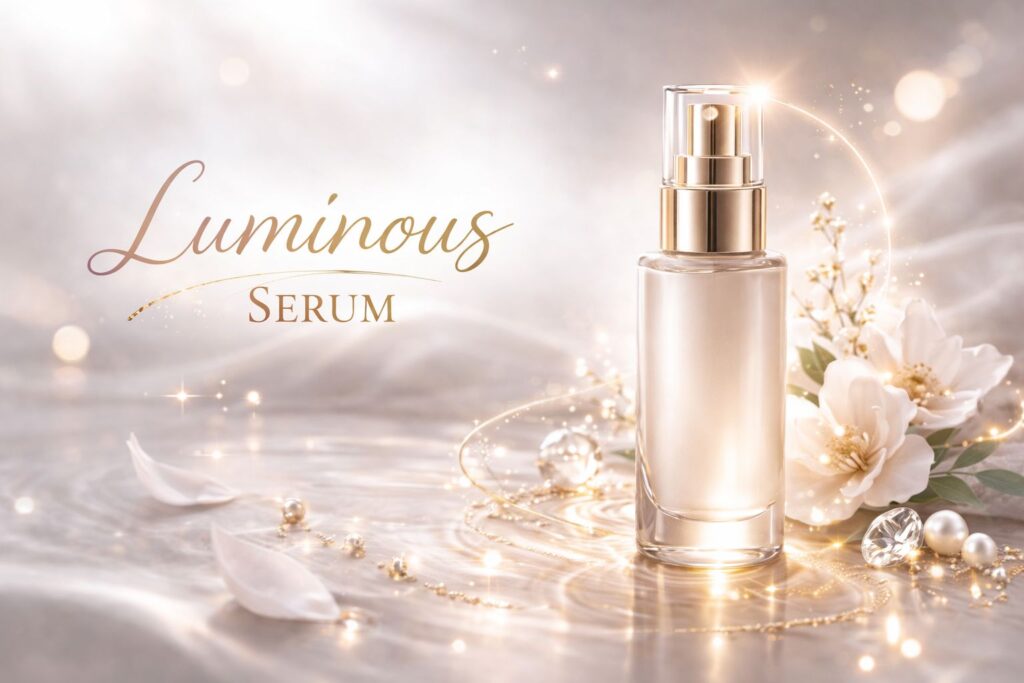 40代敏感肌向けの単品美容液をイメージしたシンプルで落ち着いたスキンケアボトルのビジュアル