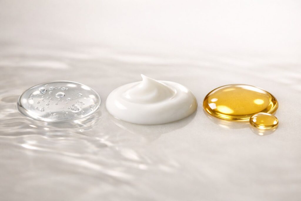 ジェル・ミルク・オイルの質感の違いを感じさせる美容液の各液の画像