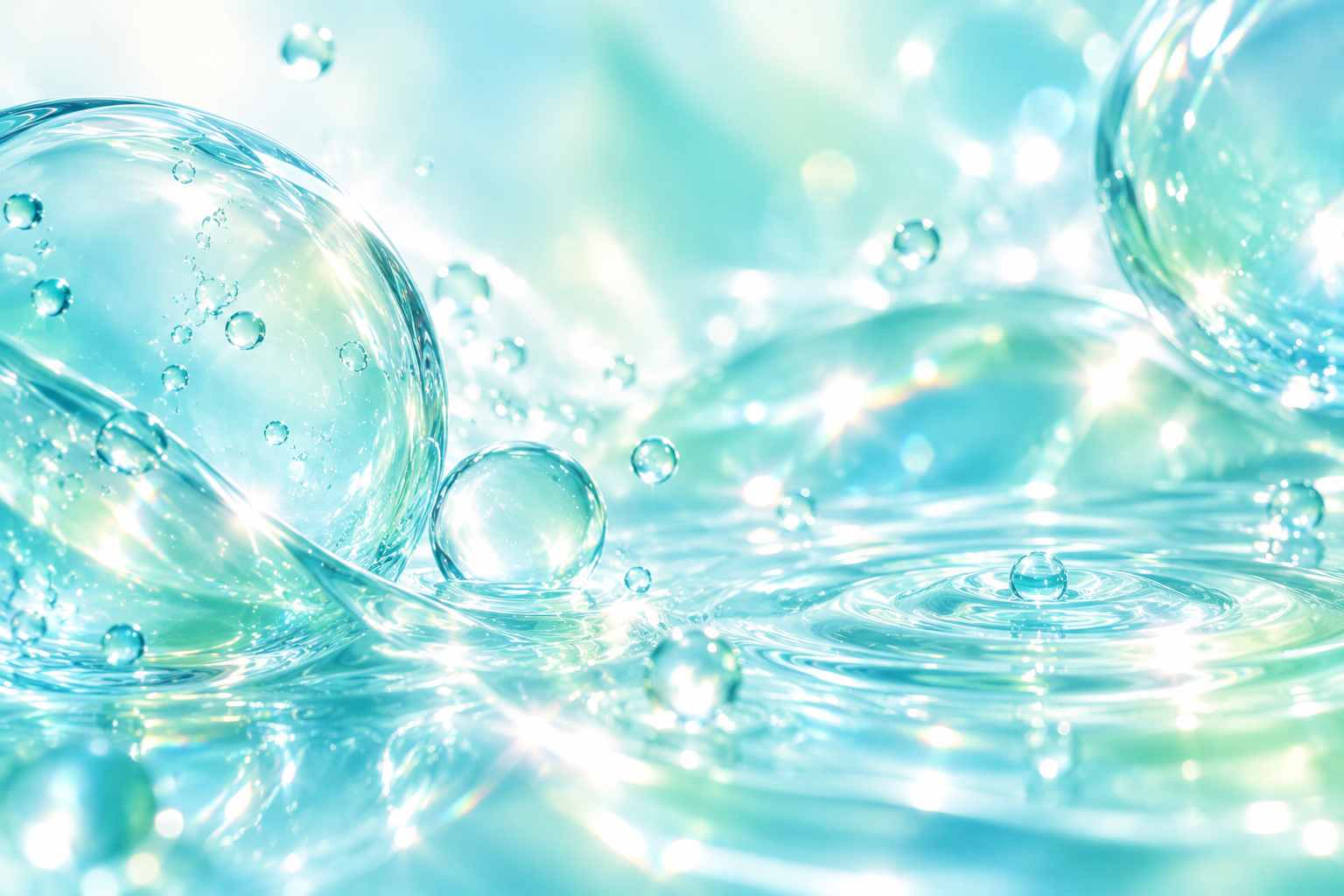 ターコイズとミントの水滴と波紋で保湿感を表した抽象イメージ