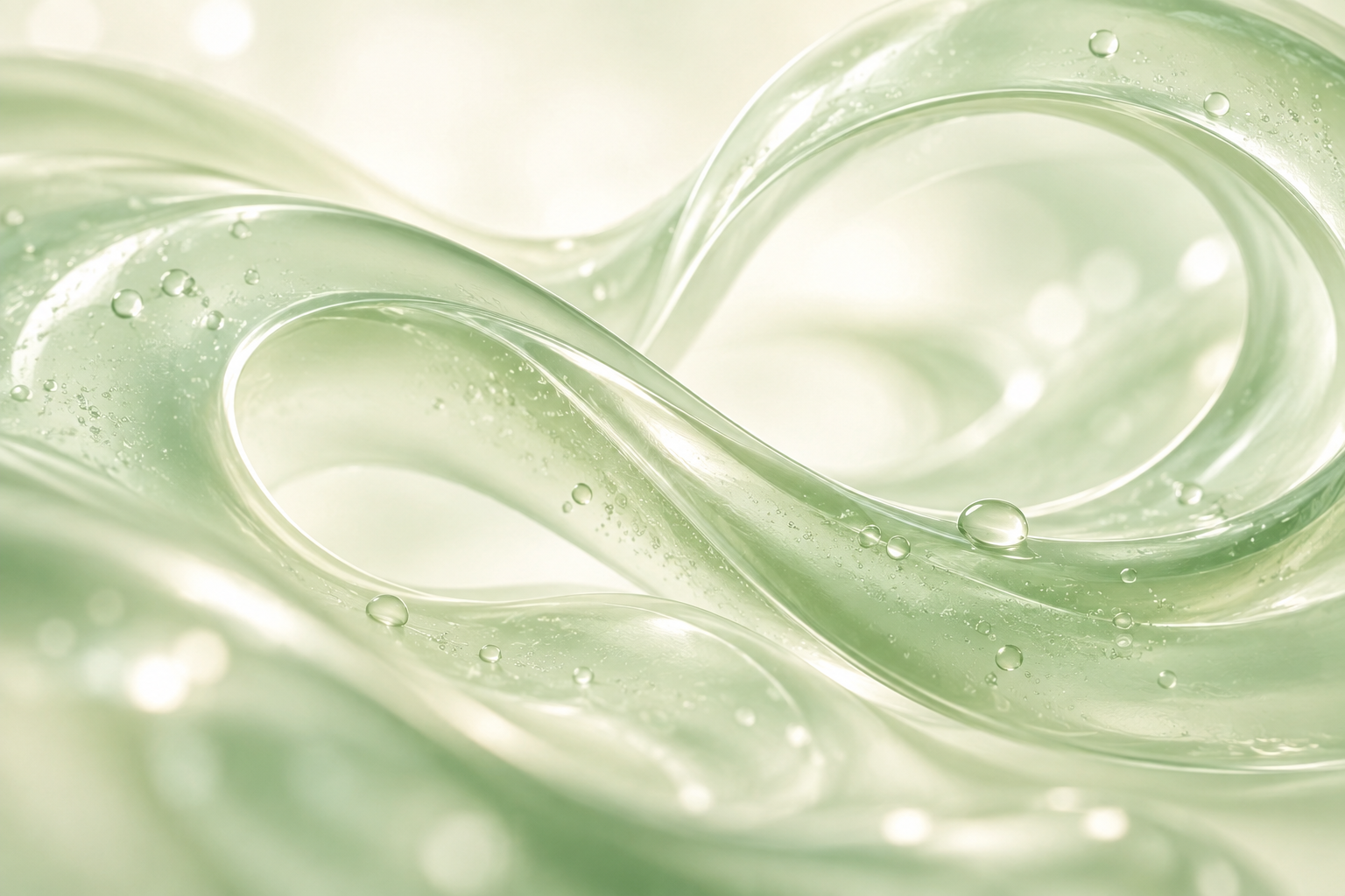 ミントグリーンのジェル状ループと水滴でうるおいを保ちながら続けるケアを表した抽象画像