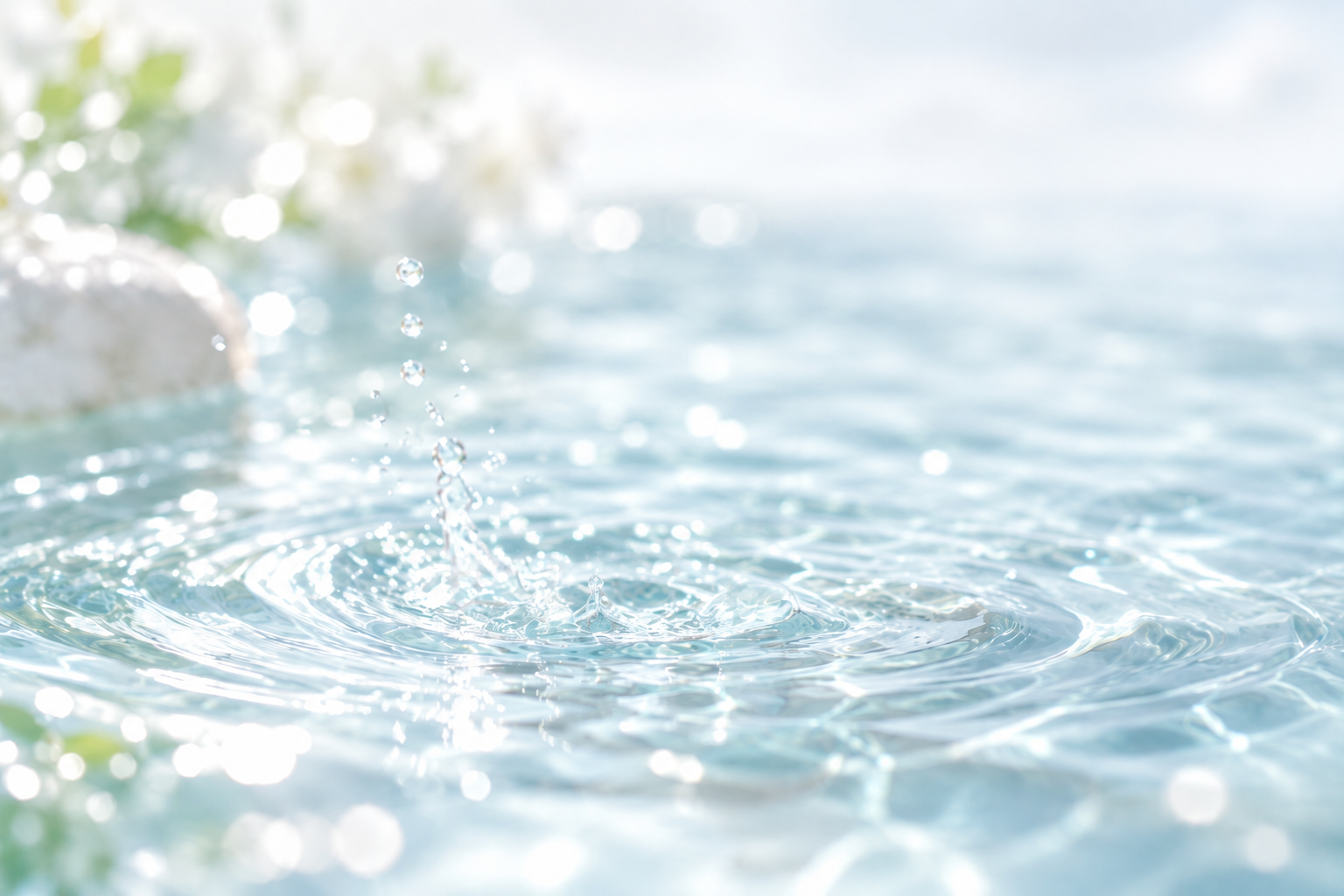 40代のハリケアをイメージした明るい水面の波紋とみずみずしい水しぶき