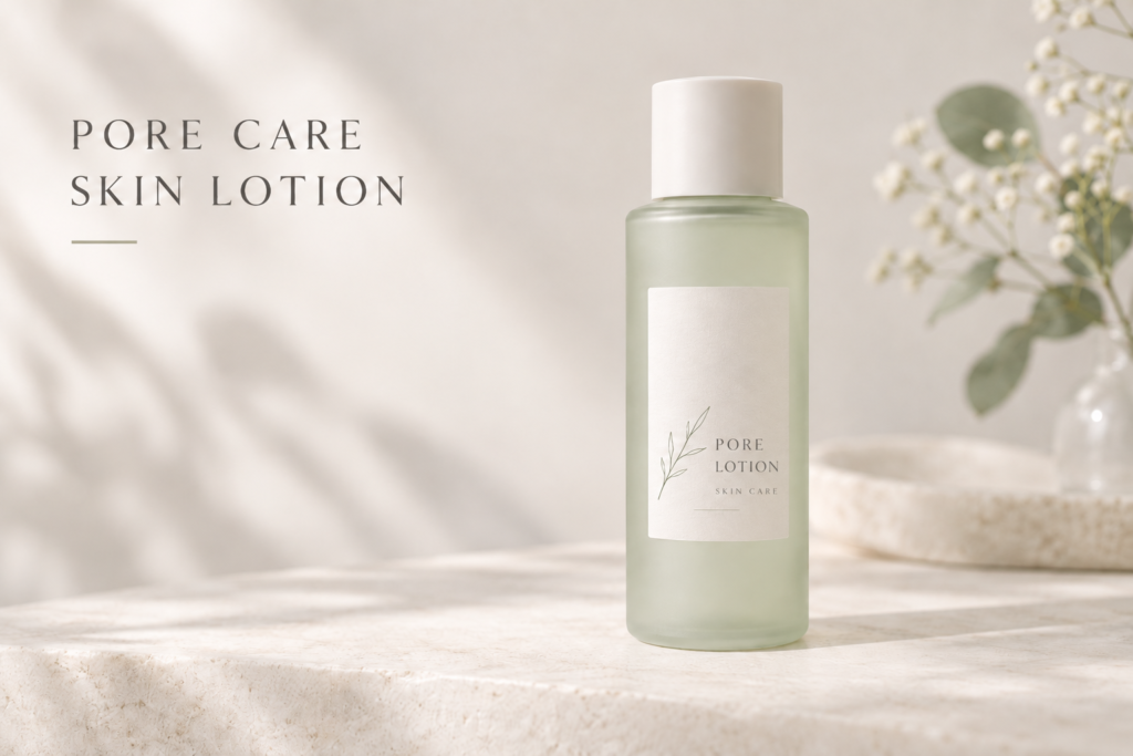 淡いグリーンの毛穴ケア化粧水ボトルと、PORE CARE・SKIN LOTIONの英字が入った画像